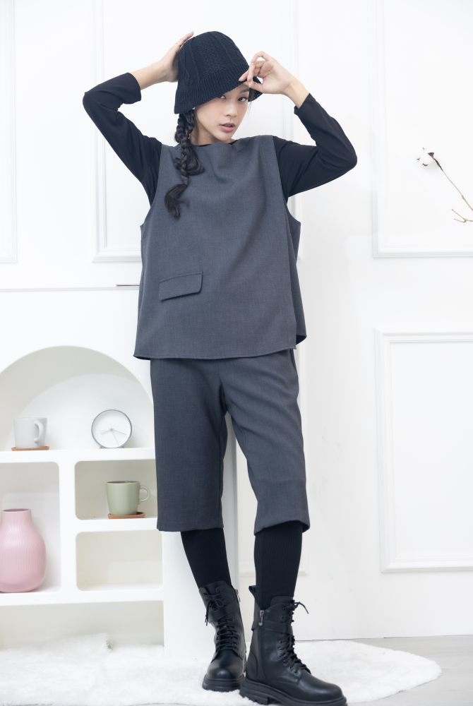 조끼 假口袋後半拉鍊背心 / 灰色