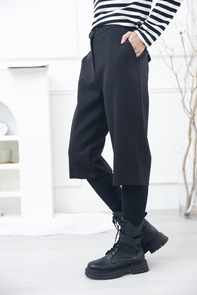 긴 바지 假兩件微彈性長褲 / 黑色