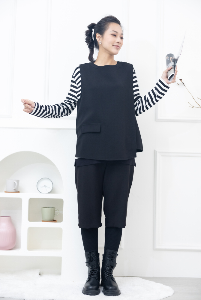 긴 바지 假兩件微彈性長褲 / 黑色