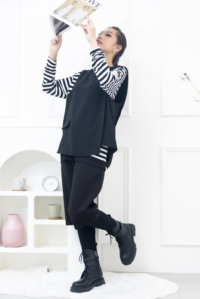 긴 바지 假兩件微彈性長褲 / 黑色