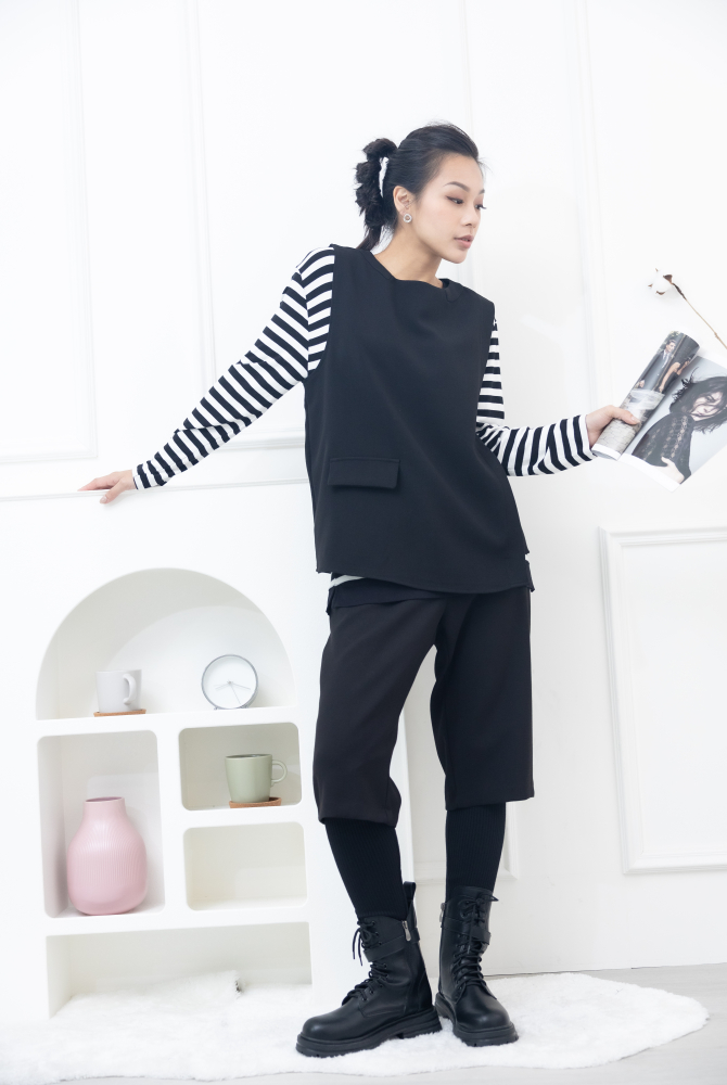 긴 바지 假兩件微彈性長褲 / 黑色