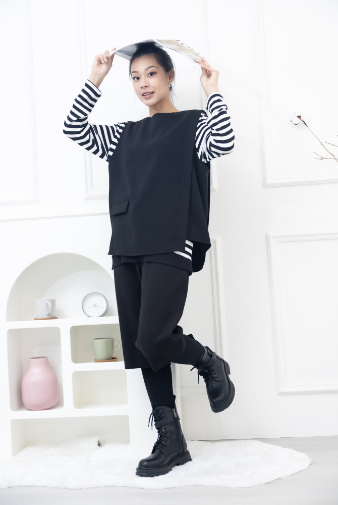 긴 바지 假兩件微彈性長褲 / 黑色