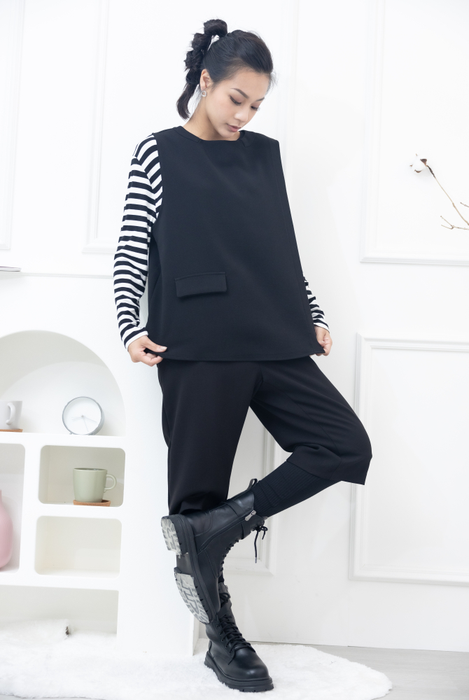 긴 바지 假兩件微彈性長褲 / 黑色