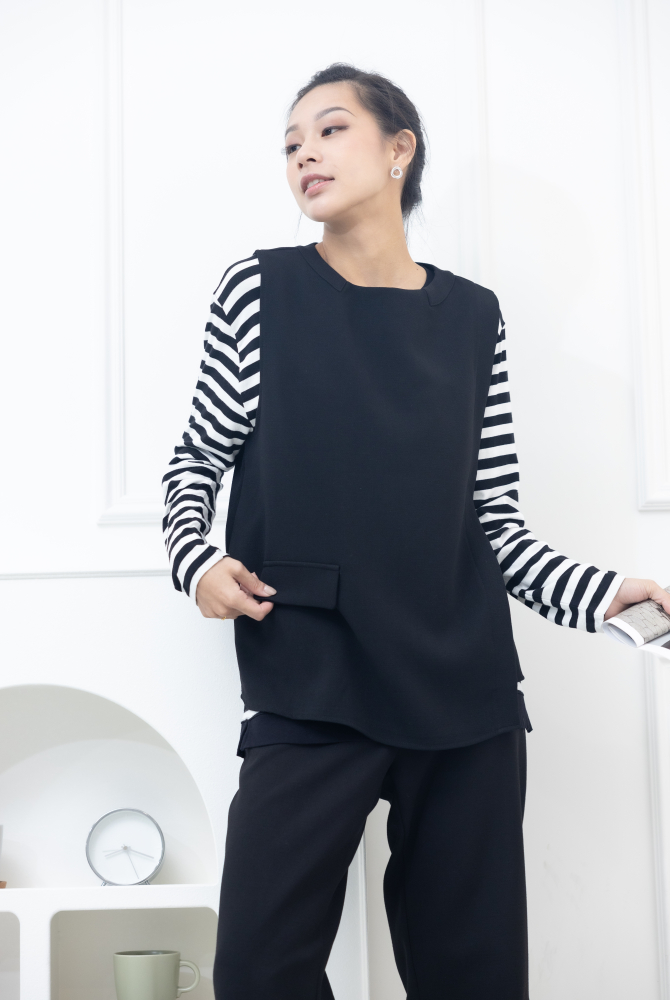 조끼 假口袋後半拉鍊背心 / 黑色