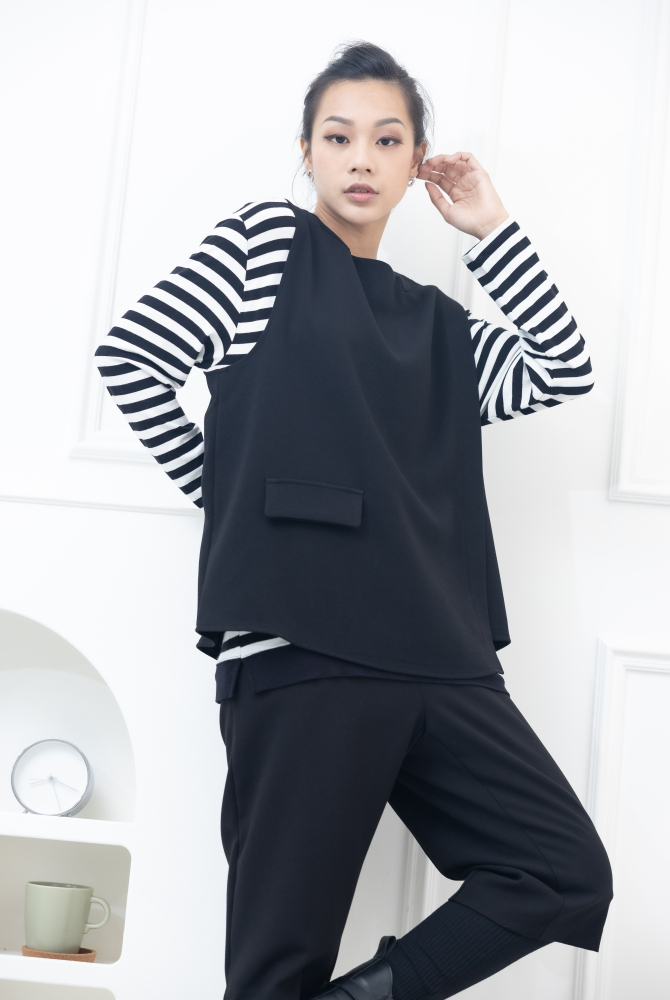 조끼 假口袋後半拉鍊背心 / 黑色