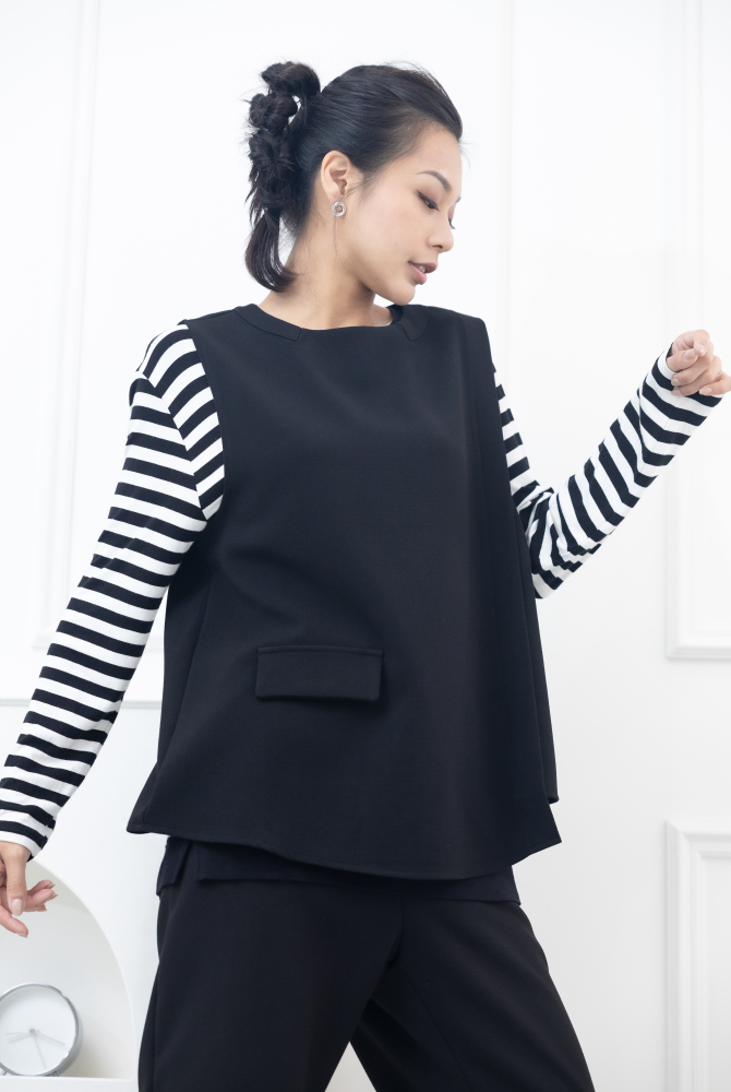 조끼 假口袋後半拉鍊背心 / 黑色