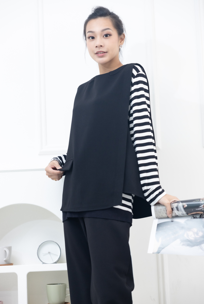 조끼 假口袋後半拉鍊背心 / 黑色