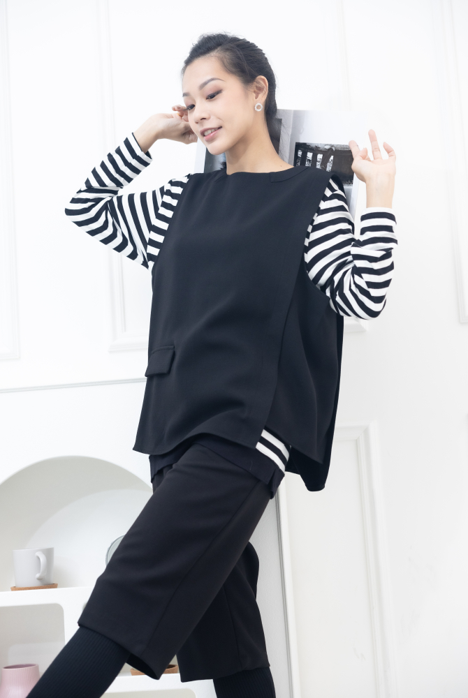 조끼 假口袋後半拉鍊背心 / 黑色