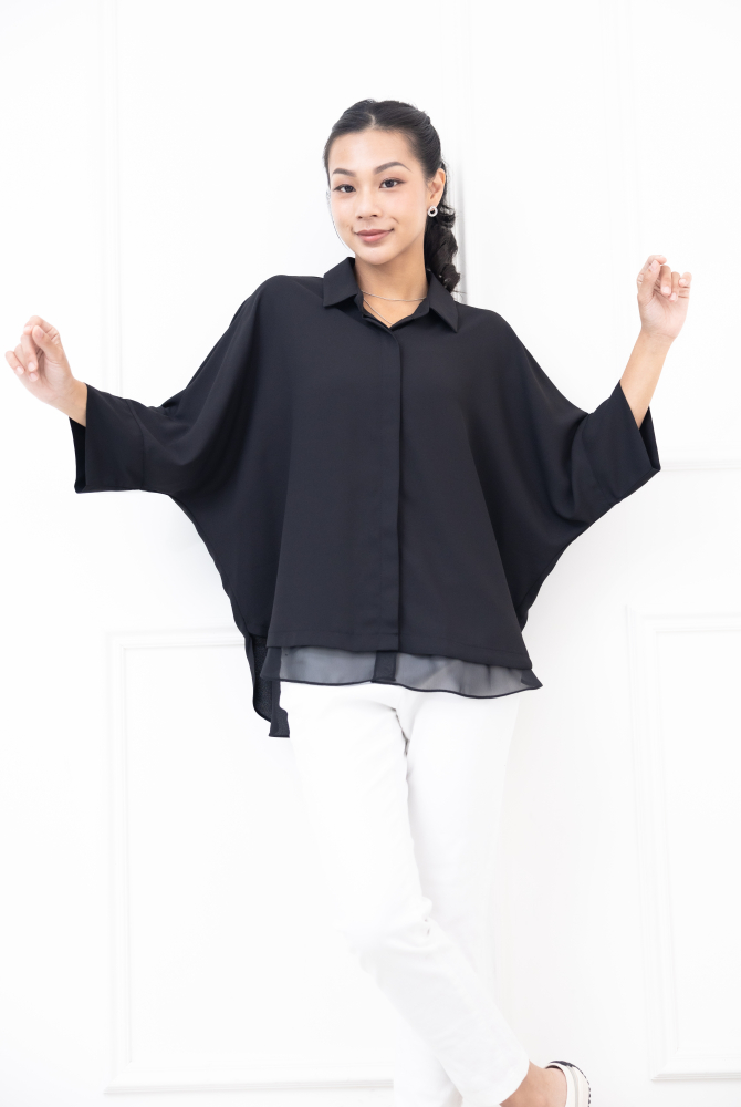 셔츠 素面下擺拼薄紗雪紡上衣 / 黑色