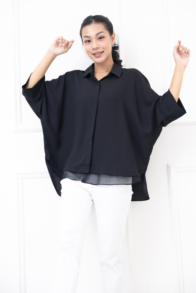 셔츠 素面下擺拼薄紗雪紡上衣 / 黑色