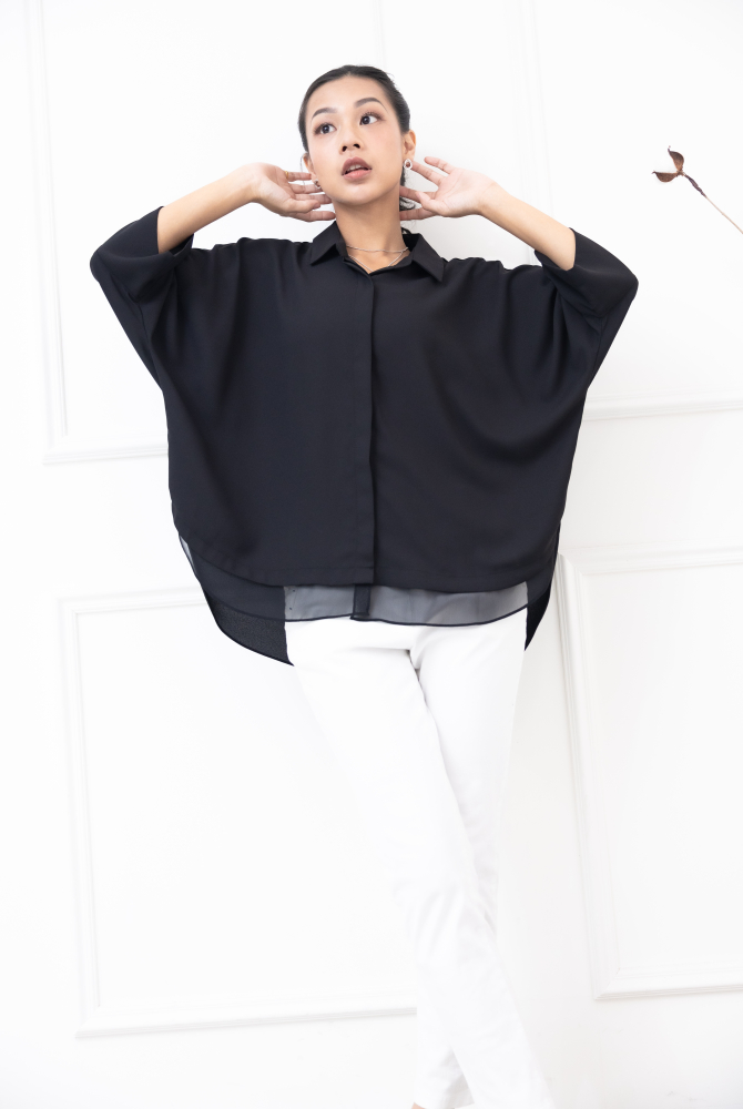셔츠 素面下擺拼薄紗雪紡上衣 / 黑色