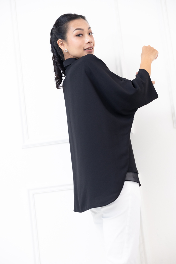 셔츠 素面下擺拼薄紗雪紡上衣 / 黑色