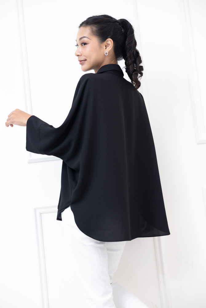 셔츠 素面下擺拼薄紗雪紡上衣 / 黑色