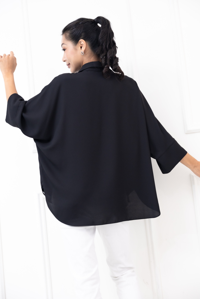 셔츠 素面下擺拼薄紗雪紡上衣 / 黑色