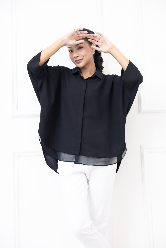 셔츠 素面下擺拼薄紗雪紡上衣 / 黑色