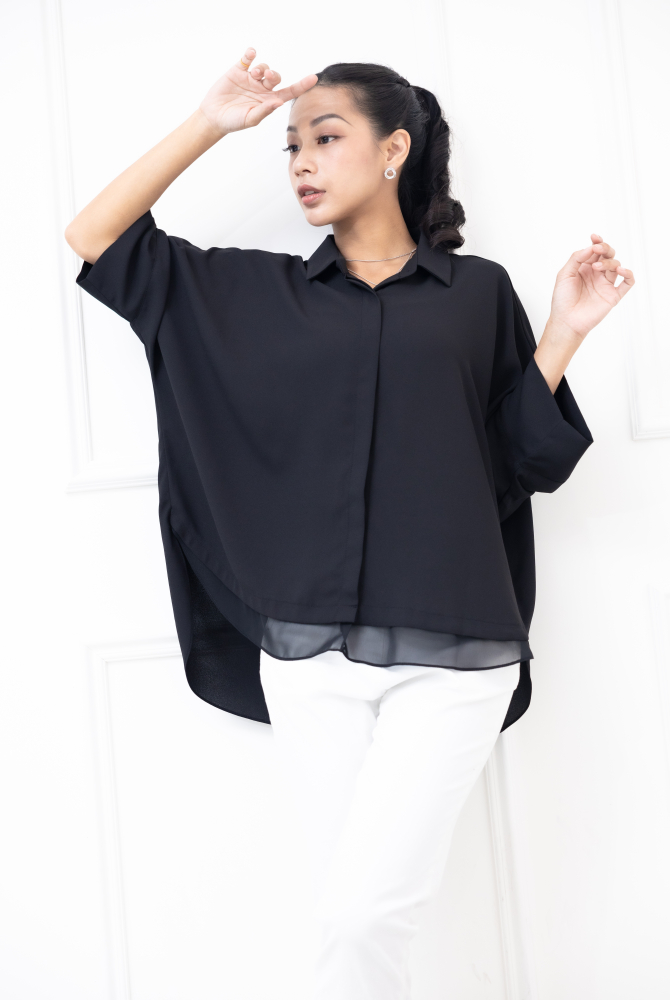 셔츠 素面下擺拼薄紗雪紡上衣 / 黑色