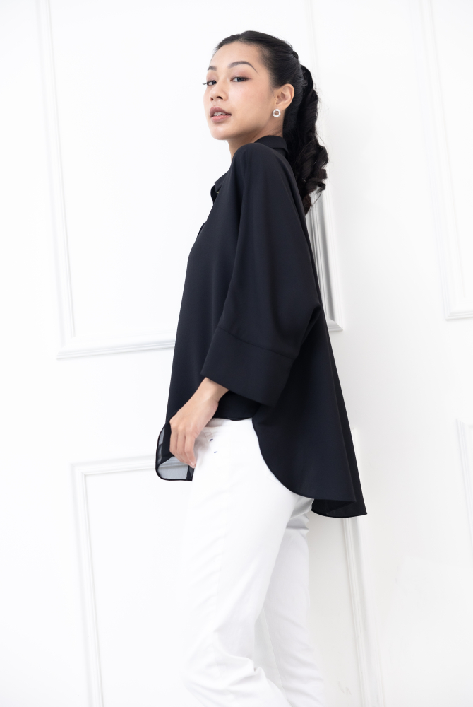 셔츠 素面下擺拼薄紗雪紡上衣 / 黑色