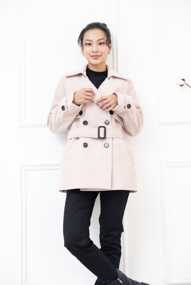 코트 襯衫領雙排扣綁帶外套 / 粉色