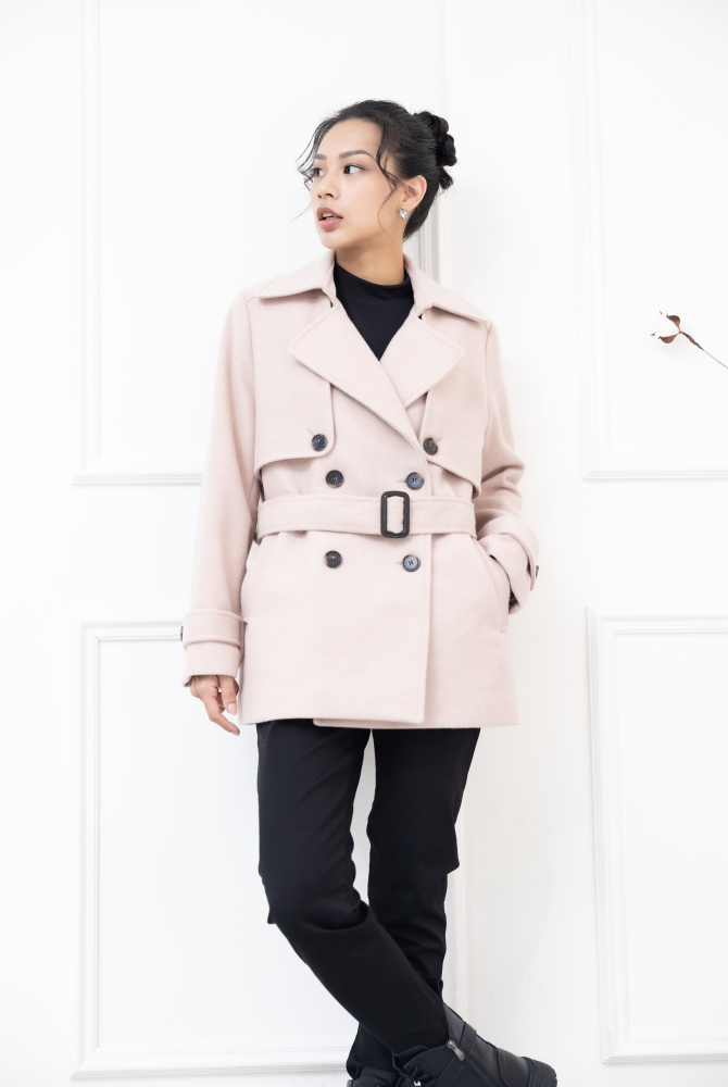 코트 襯衫領雙排扣綁帶外套 / 粉色