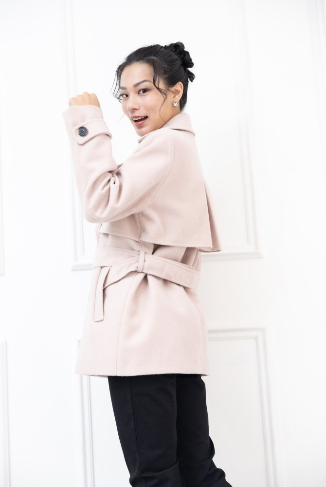 코트 襯衫領雙排扣綁帶外套 / 粉色
