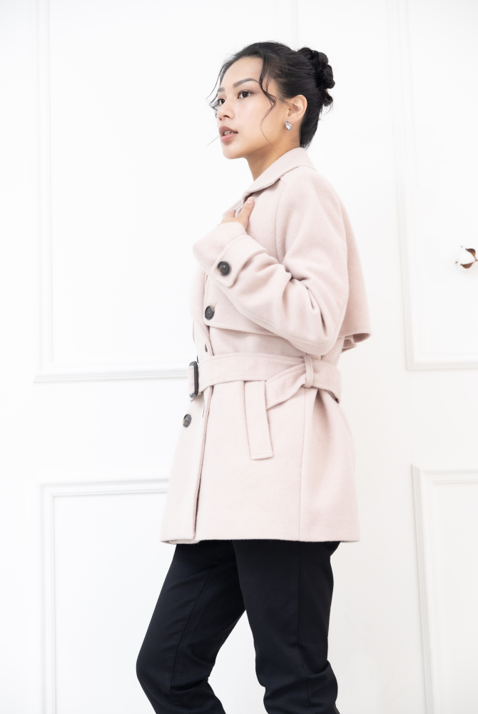 코트 襯衫領雙排扣綁帶外套 / 粉色