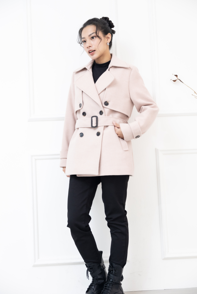코트 襯衫領雙排扣綁帶外套 / 粉色