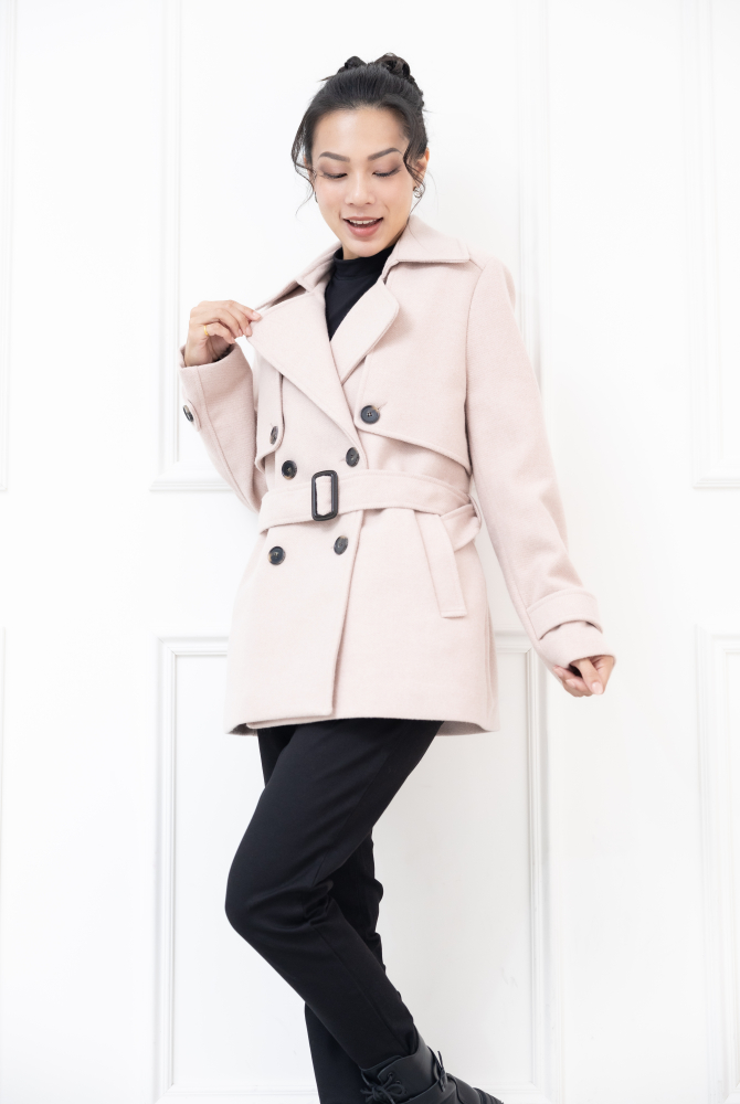 코트 襯衫領雙排扣綁帶外套 / 粉色