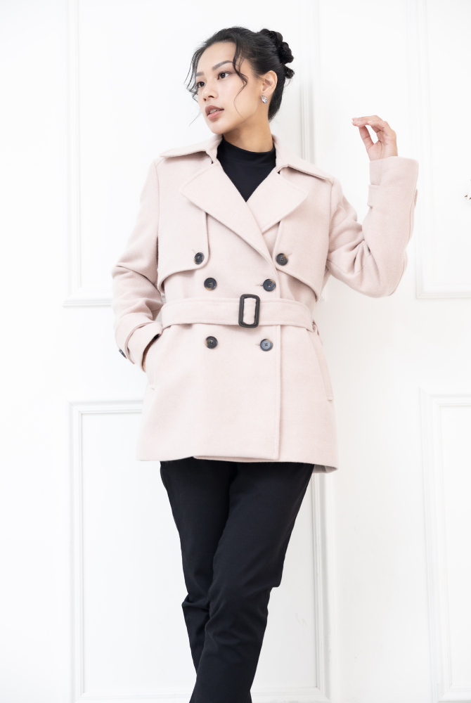 코트 襯衫領雙排扣綁帶外套 / 粉色