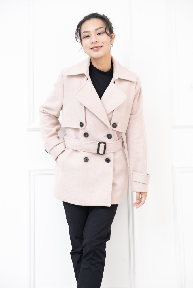 코트 襯衫領雙排扣綁帶外套 / 粉色