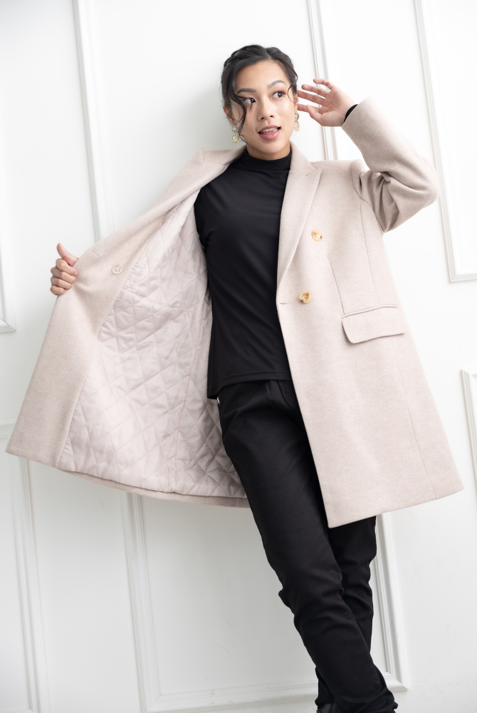 코트 襯衫領四顆雙排釦長版外套 / 杏色