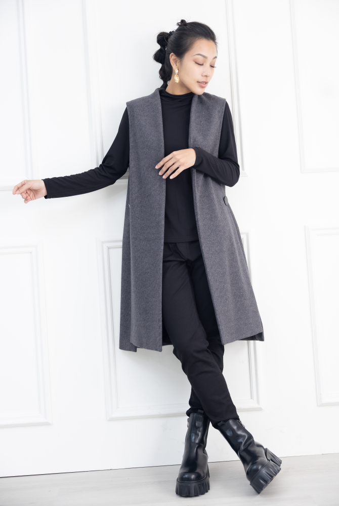 조끼 無扣無拉鍊側開衩長版背心 / 灰色