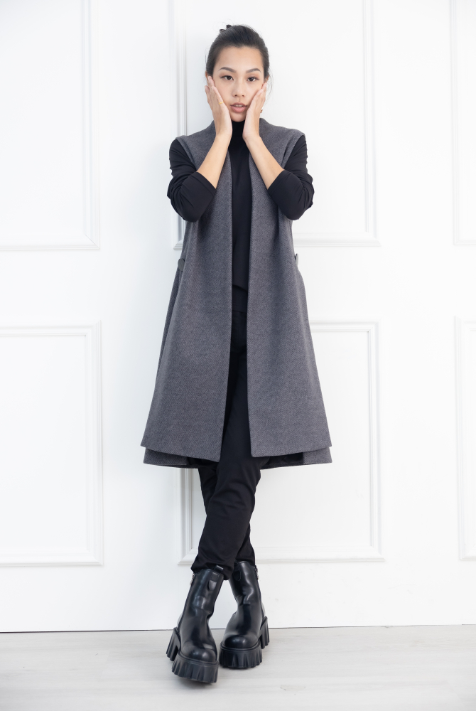 조끼 無扣無拉鍊側開衩長版背心 / 灰色