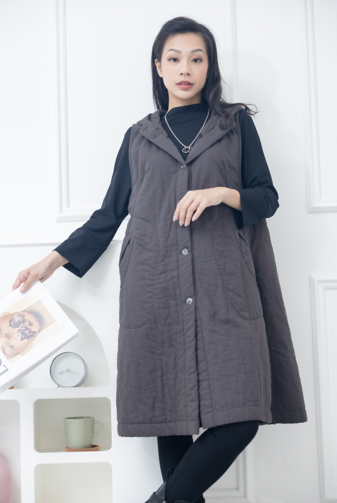 조끼 連帽珍珠貝扣長背心 / 咖啡色