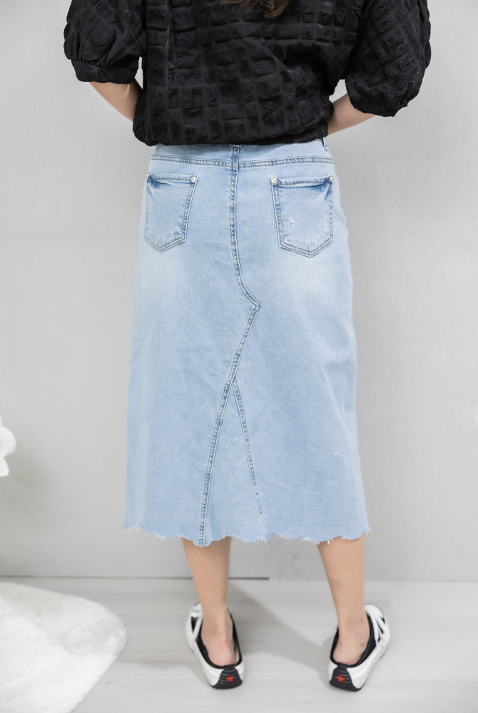 치마 刷破A字牛仔裙／藍色