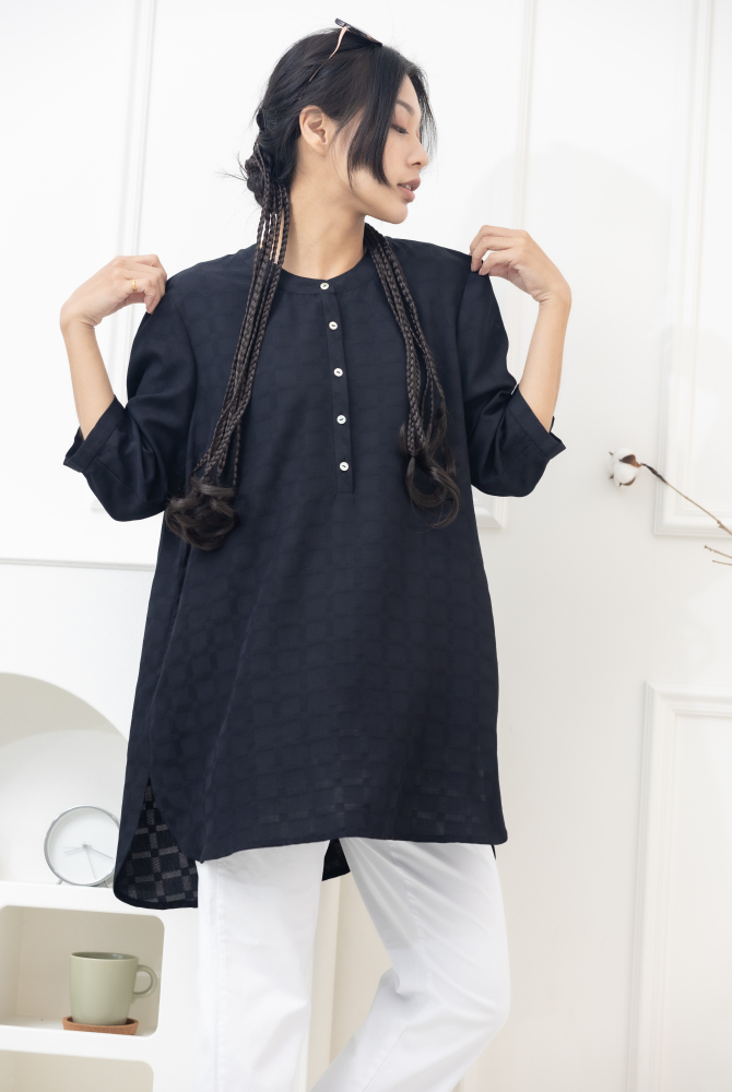 긴팔 格紋七分袖上衣／黑色