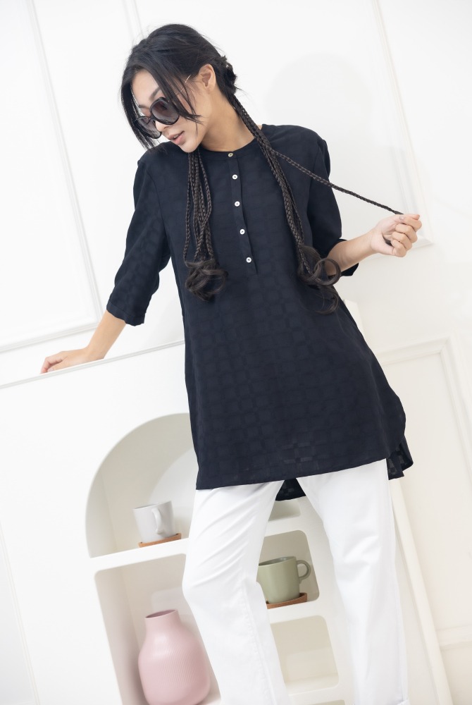 긴팔 格紋七分袖上衣／黑色