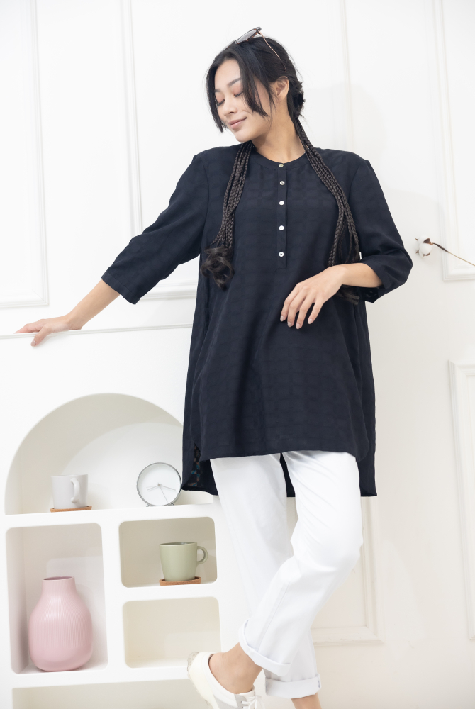 긴팔 格紋七分袖上衣／黑色