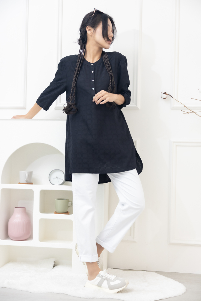 긴팔 格紋七分袖上衣／黑色