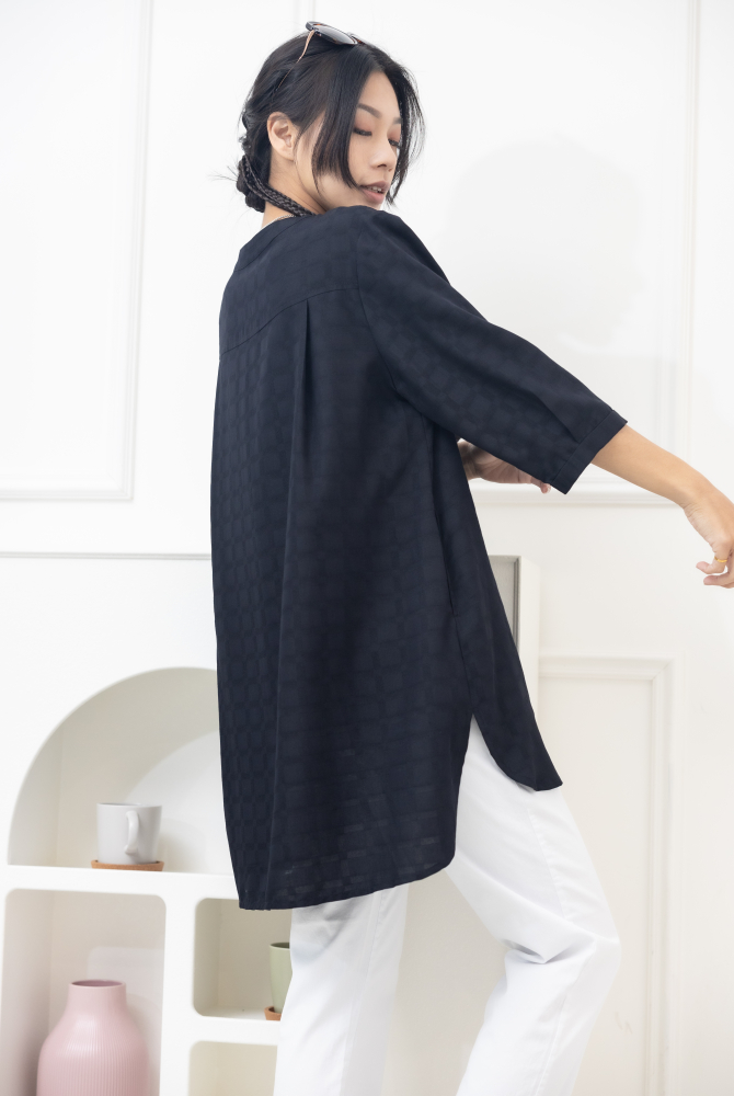 긴팔 格紋七分袖上衣／黑色