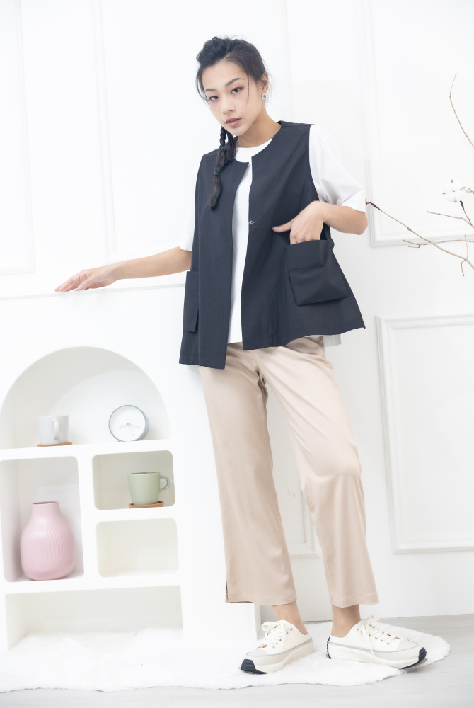 긴 바지 褲腳開叉長褲 / 卡其色