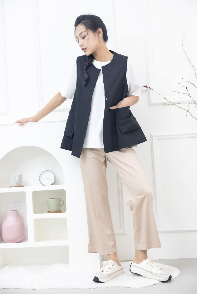 긴 바지 褲腳開叉長褲 / 卡其色