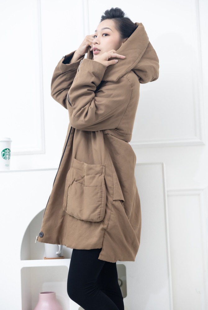 코트 大口袋連帽外套／棕色