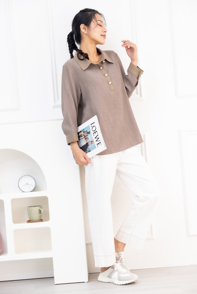 긴팔 珍珠扣長袖上衣／奶茶色