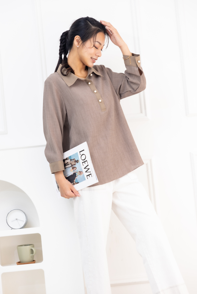 긴팔 珍珠扣長袖上衣／奶茶色