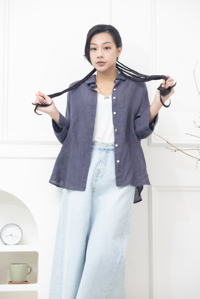 긴팔 落肩八分袖上衣/紫灰色