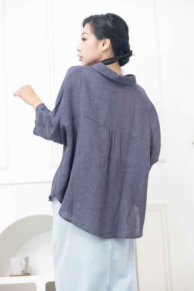 긴팔 落肩八分袖上衣/紫灰色