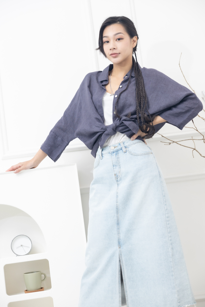 긴팔 落肩八分袖上衣/紫灰色