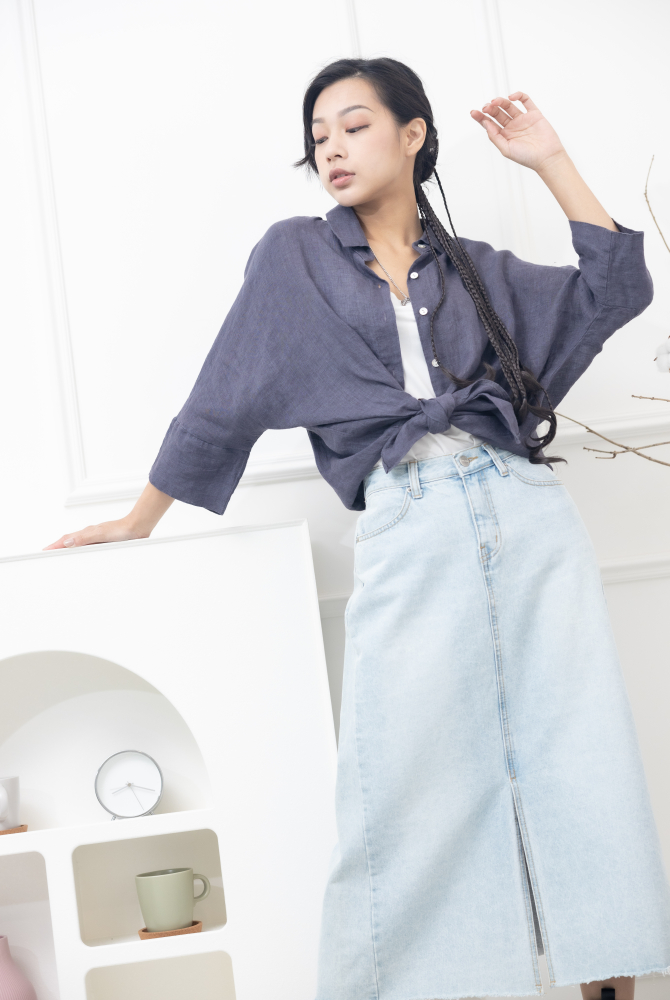 긴팔 落肩八分袖上衣/紫灰色