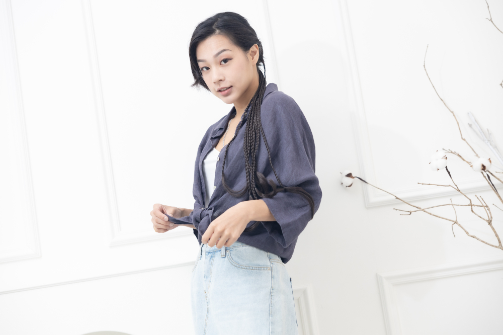 긴팔 落肩八分袖上衣/紫灰色