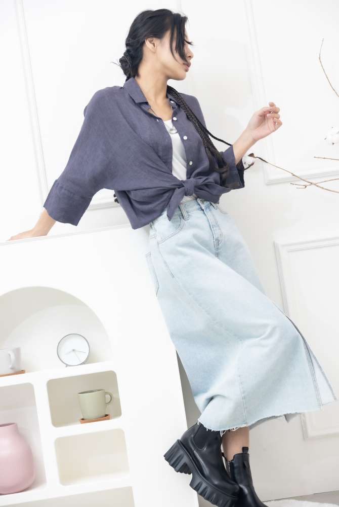 긴팔 落肩八分袖上衣/紫灰色